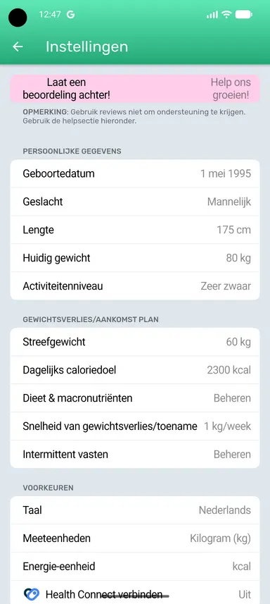 Intermittent Fasting-knop op de instellingenpagina